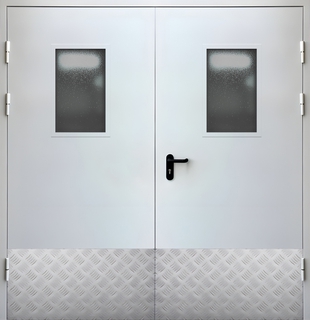 Двустворчатая пожаростойкая дверь EI-60 с остеклением и отбойными пластинами Двустворчатая пожаростойкая дверь EI-60 с остеклением и отбойными пластинами