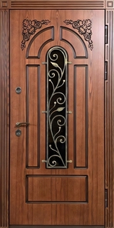 Стальная дверь с терморазрывом, стеклопакетом и ковкой (отделка МДФ с фрезеровкой)