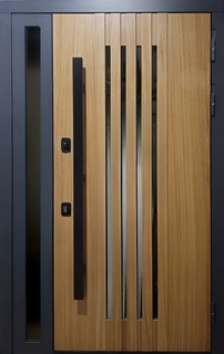 Металлическая дверь «термо» МДФ с рейками, остеклением и бугельной ручкой Металлическая дверь «термо» МДФ с рейками, остеклением и бугельной ручкой