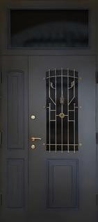 Стальная полуторная термодверь с остекленной верхней вставкой и кованой решеткой