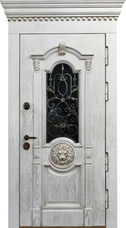 Металлическая термодверь с ковкой, остеклением и карнизом (белые плиты МДФ с резьбой и патиной)