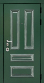 Стальная термодверь МДФ RAL зеленого цвета с патиной «серебро»