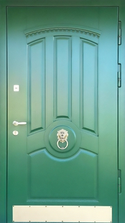 Стальная термодверь с отбойником и кнокером (зеленые панели МДФ RAL)