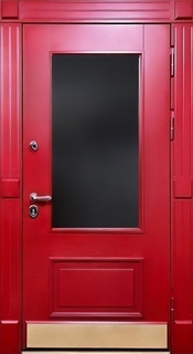 Остекленная входная термодверь с латунным отбойником (красные плиты МДФ RAL) Остекленная входная термодверь с латунным отбойником (красные плиты МДФ RAL)