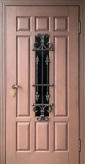 Стальная термодверь со стеклопакетом, накладной решеткой и МДФ с псевдофиленкой Стальная термодверь со стеклопакетом, накладной решеткой и МДФ с псевдофиленкой