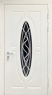 Входная термодверь с овальным стеклом и белой ковкой (МДФ с эмалью RAL) Входная термодверь с овальным стеклом и белой ковкой (МДФ с эмалью RAL)