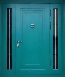 Входная группа с терморазрывом, кнокером и остеклением по бокам (отделка МДФ RAL зеленый цвет)